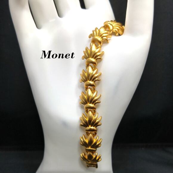 Vintage Monet Floral Satin Finish Bracelet, Gold Plated, 1960s, 7 Inches - Picture 1 of 10